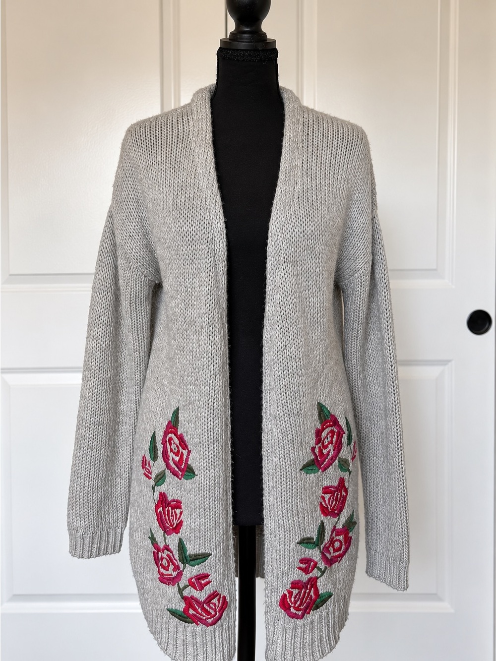 Charlotte Russe Gray Open-Front Cardigan with Pink Rose Embroidery
